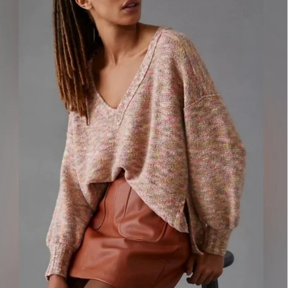 Anthropologie Pilcro Deep V Space Dye Pink Sweater Size XL